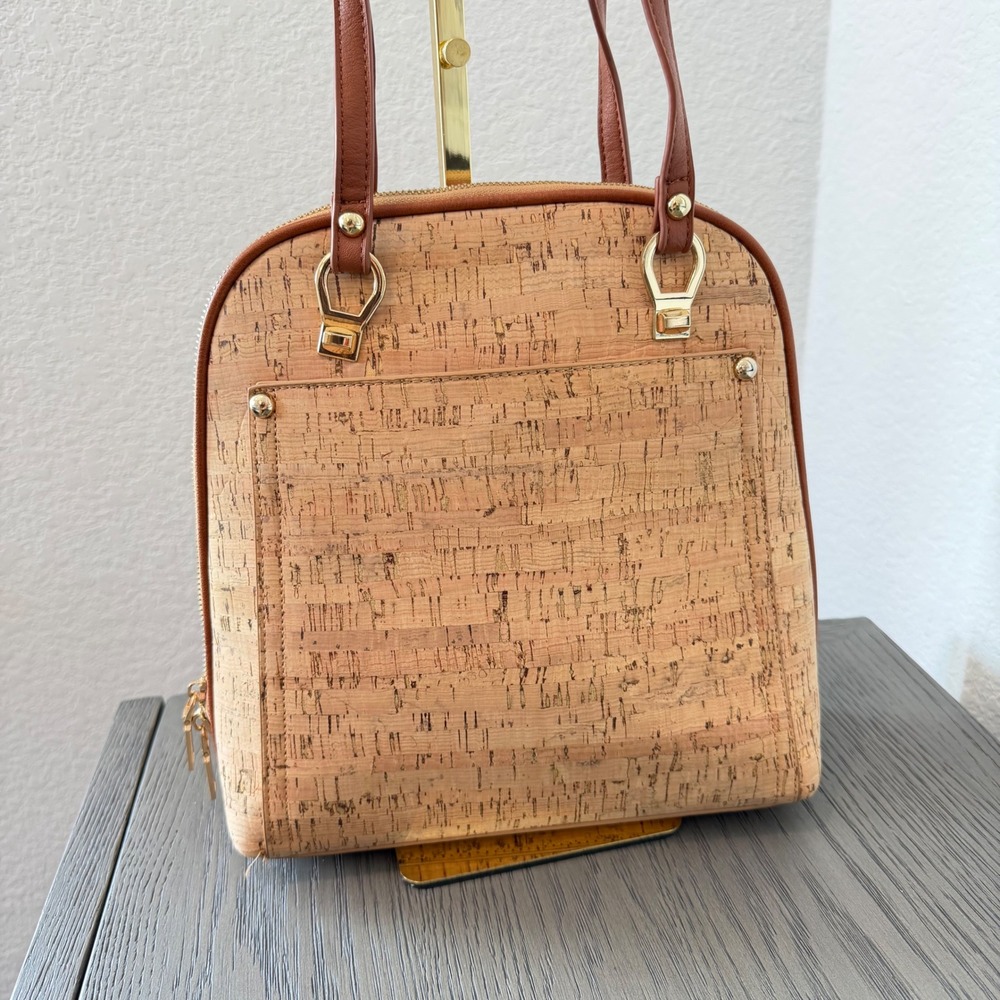 Miztique Natural Cork Convertible Backpack Shoulder Bag Tan Faux Leather Trim